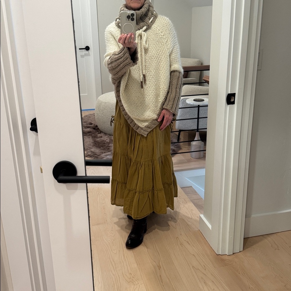 Tan and Cream Cowl Neck Chunky Hand Knit Poncho -OS